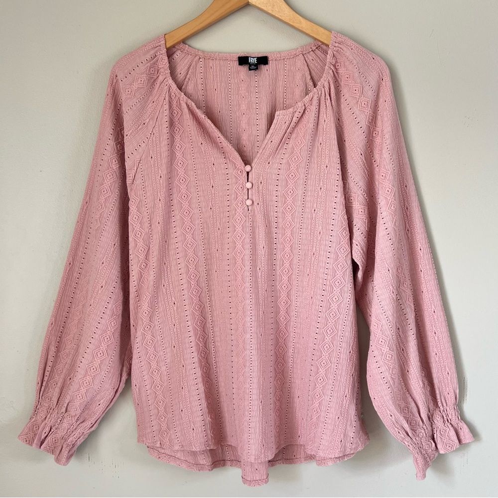 Frye Blush Pink Textured Long Puff Sleeve Western Cottagecore Blouse SZ XL